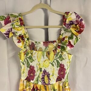 Truly4You Vibrant Yellow Floral Ruffle Sleeve Smocked Maxi Dress M Bold Tropical